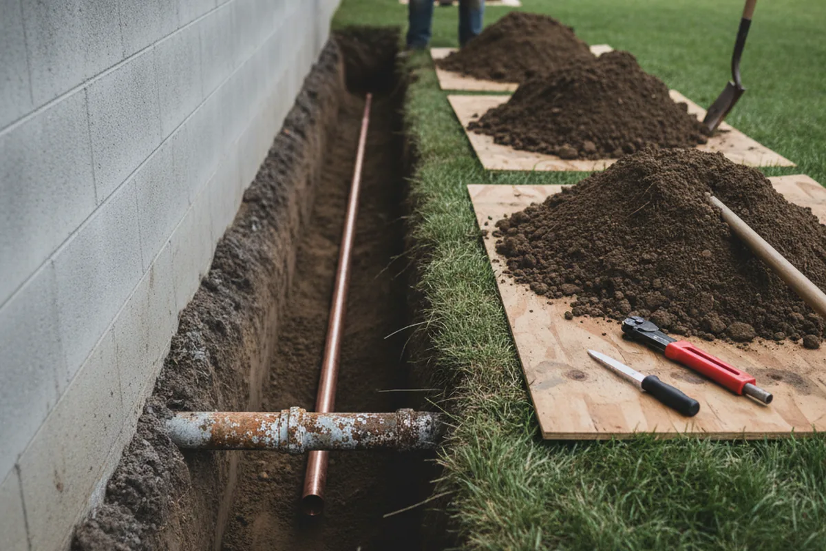 Excavated water line trench during Water Softener Installation in Pomeroy